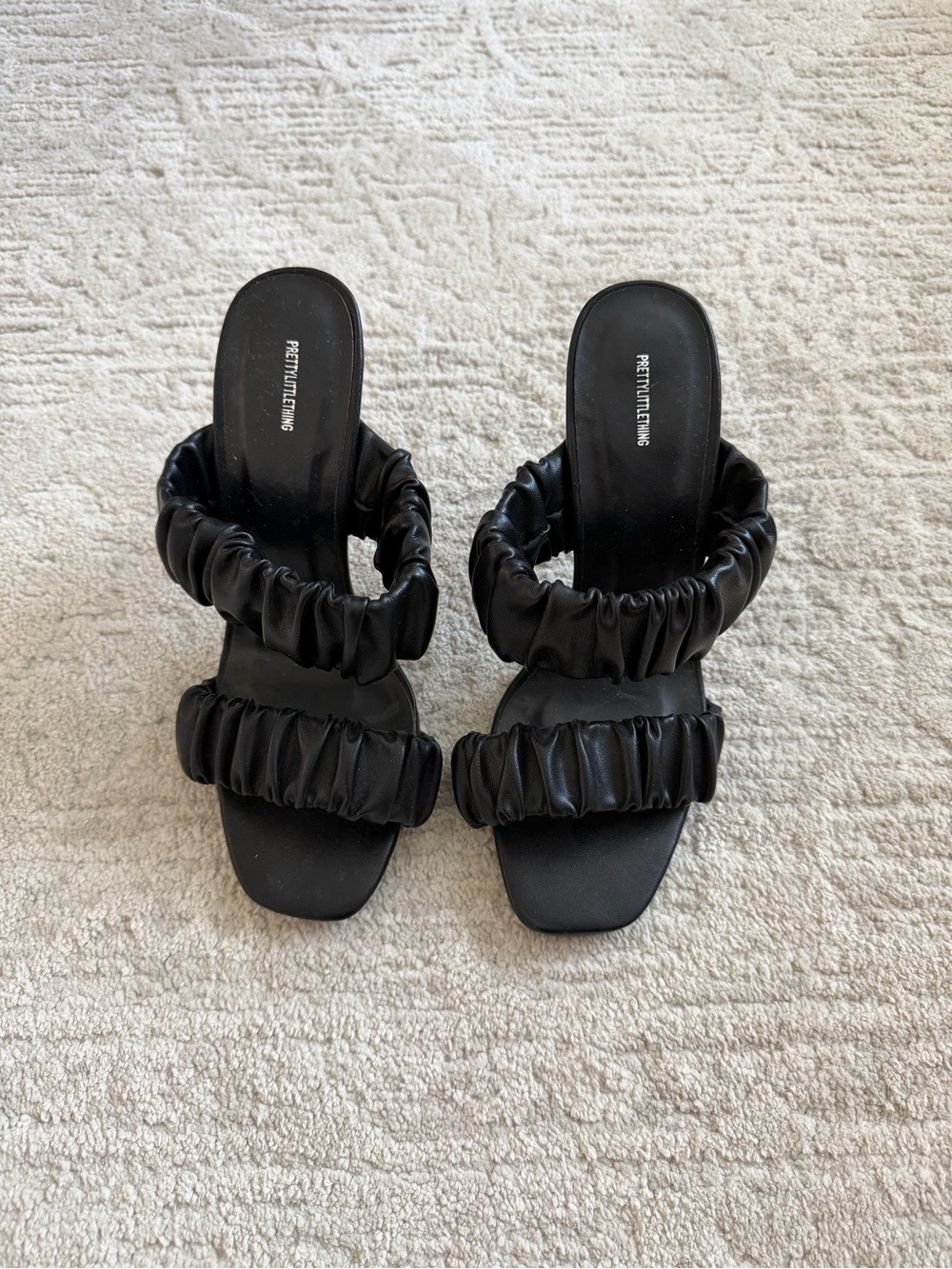 PrettyLittleThing Black Ruched Double-Strap Heels